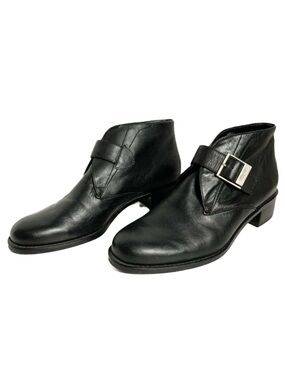 Etienne Aigner Leather Almond Toe Ankle Boots Strap with Buckle Low Heel Black🖤